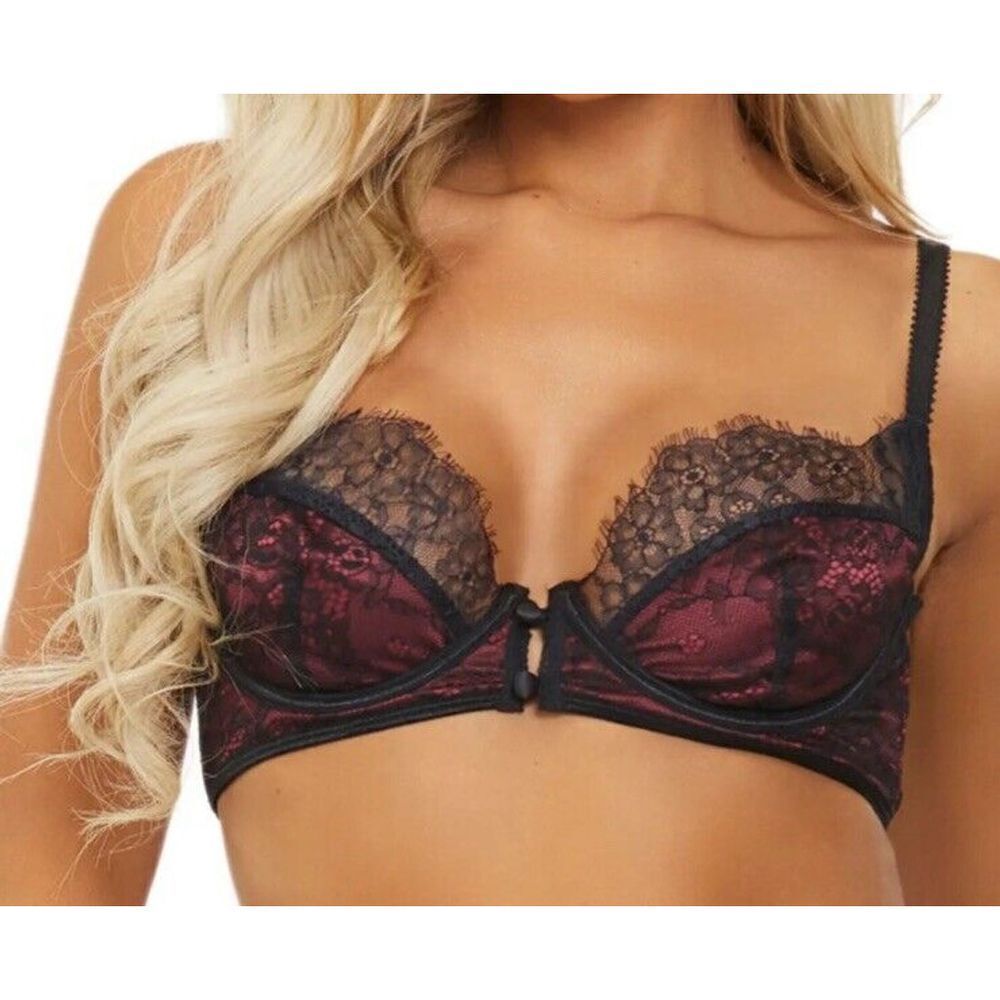 Seven Til Midnight Satin & Eyelash Lace Bra Red / Black Women Lingerie Medium